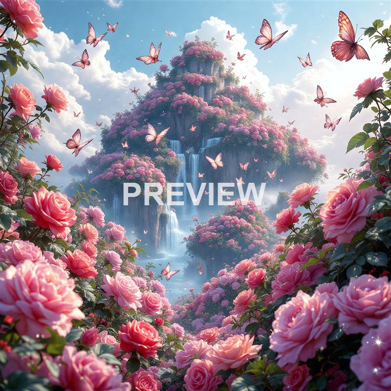 A fantastical landscape featuring a towering mountain covered in pink flowering trees, with cascading waterfalls and numerous butterflies flying through a bright, cloudy sky.